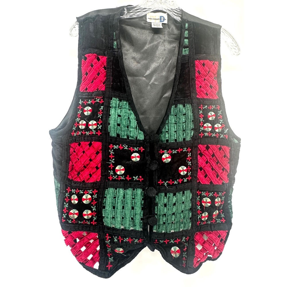 Paul Harris Design Vintage Patchwork Velvet Embroidered Vest Black Red Green M